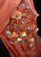Bright Orange Mermaid V-Neck Satin Beaded Long Prom Dresses Sequined Evening Gown