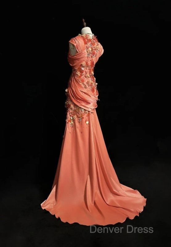 Bright Orange Mermaid V Neck Satin Beaded Long Prom Dresses Sequined Prom Gowns