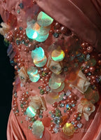 Bright Orange Mermaid V-Neck Satin Beaded Long Prom Dresses Sequined Evening Gown