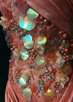 Bright Orange Mermaid V Neck Satin Beaded Long Prom Dresses Sequined Prom Gowns