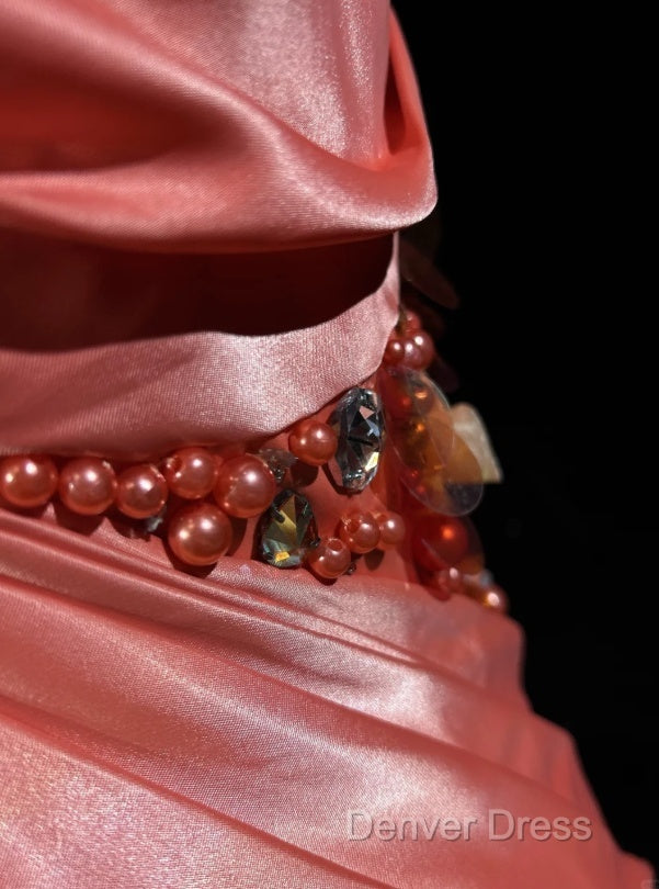 Bright Orange Mermaid V-Neck Satin Beaded Long Prom Dresses Sequined Evening Gown