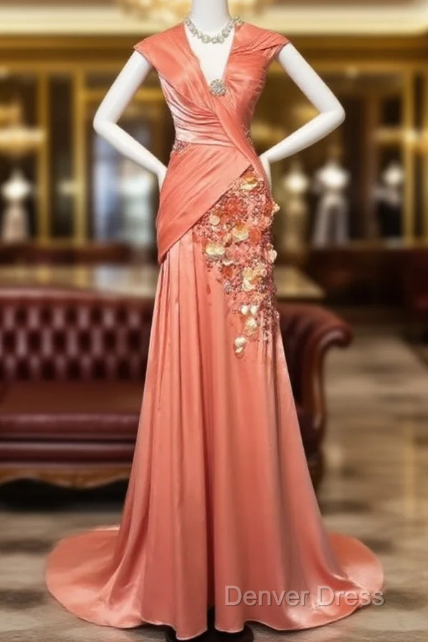Bright Orange Mermaid V-Neck Satin Beaded Long Prom Dresses Sequined Evening Gown