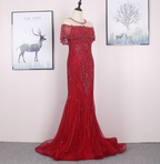 Bright Red Mermaid Crew Neck Beaded Tulle Train Prom Dresses Evening Dresses