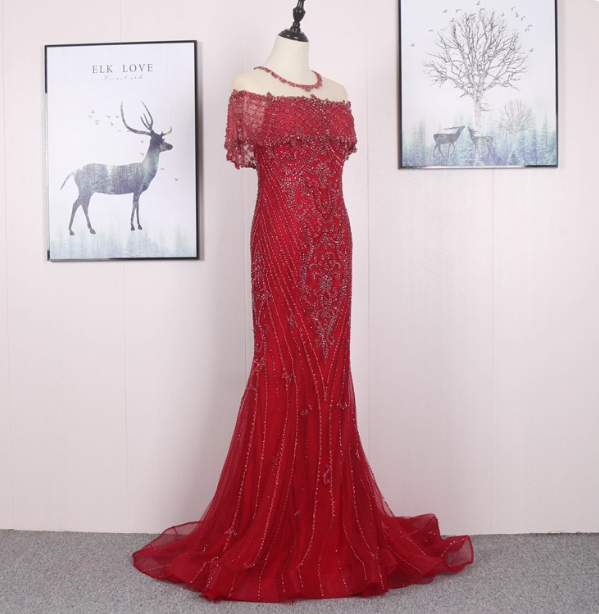 Bright Red Mermaid Crew Neck Beaded Tulle Train Prom Dresses Evening Dresses