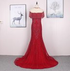 Bright Red Mermaid Crew Neck Beaded Tulle Train Prom Dresses Evening Dresses