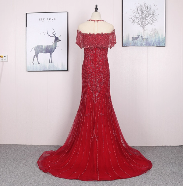 Bright Red Mermaid Crew Neck Beaded Tulle Train Prom Dresses Evening Dresses