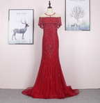 Bright Red Mermaid Crew Neck Beaded Tulle Train Prom Dresses Evening Dresses