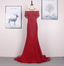 Bright Red Mermaid Crew Neck Beaded Tulle Train Prom Dresses Evening Dresses