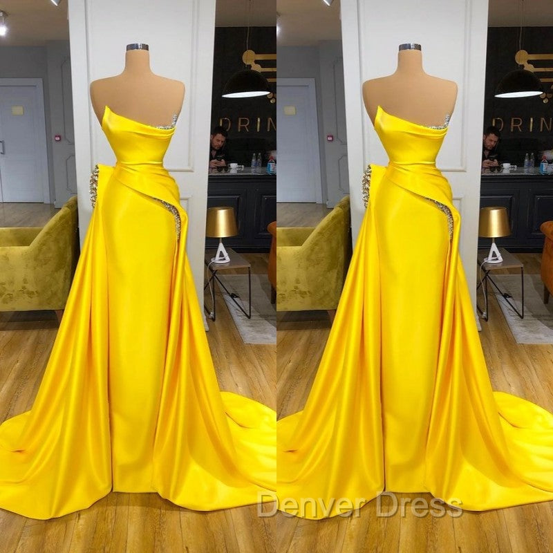 Bright Yellow Strapless Metallic Sequin Overskirt Prom Dresses