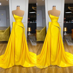 Bright Yellow Strapless Metallic Sequin Overskirt Prom Dresses