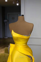 Bright Yellow Strapless Metallic Sequin Overskirt Prom Dresses