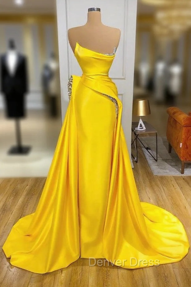 Bright Yellow Strapless Metallic Sequin Overskirt Prom Dresses Main image