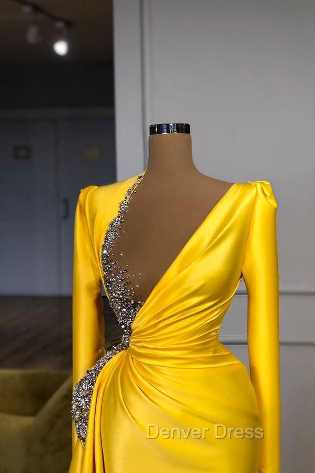 Bright Yellow V Neck Metallic Sequin Long sleeves Prom Dresses Secondary image