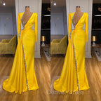 Bright Yellow V-neck Metallic Sequin Long sleeves Prom Dresses