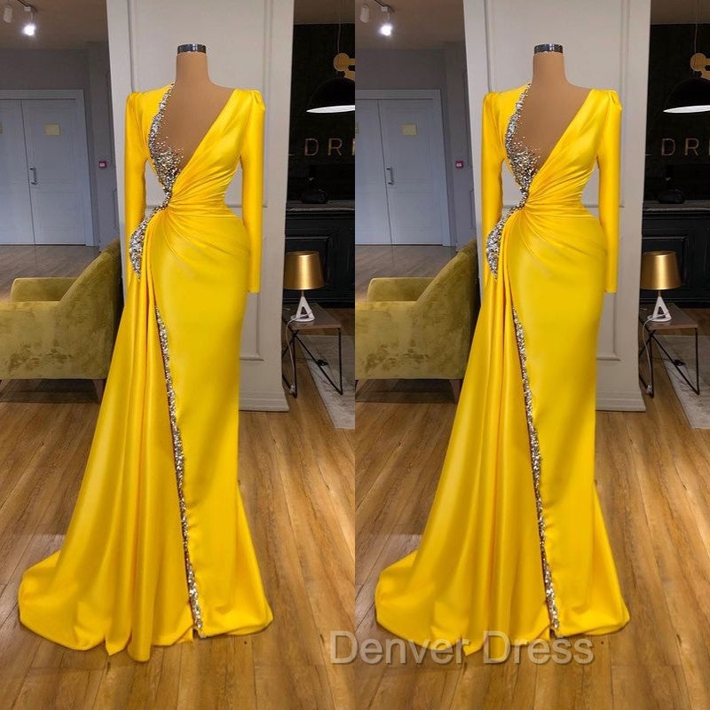 Bright Yellow V-neck Metallic Sequin Long sleeves Prom Dresses