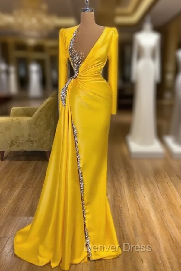 Bright Yellow V Neck Metallic Sequin Long sleeves Prom Dresses Main image