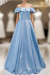 Brilliant Blue Satin Off the Shoulder Prom Dresses