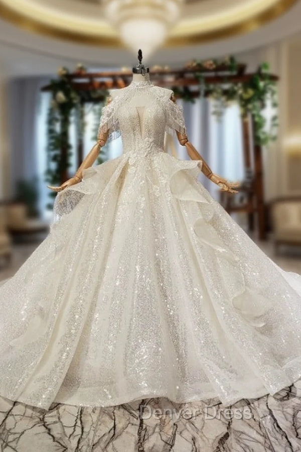 Brilliant Champagne Ball Gowns Sequins Beading Off the Shoulder Wedding Dresses Main image