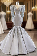 Brilliant Silver Gray Mermaid Satin Long Sleeve Appliques Beading Prom Dresses