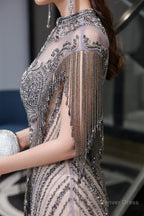 Brilliant Tassels O Neck Tulle Beaded Rhinestone Slim line A Line Prom Dresses