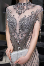 Brilliant Tassels O Neck Tulle Beaded Rhinestone Slim line A Line Prom Dresses