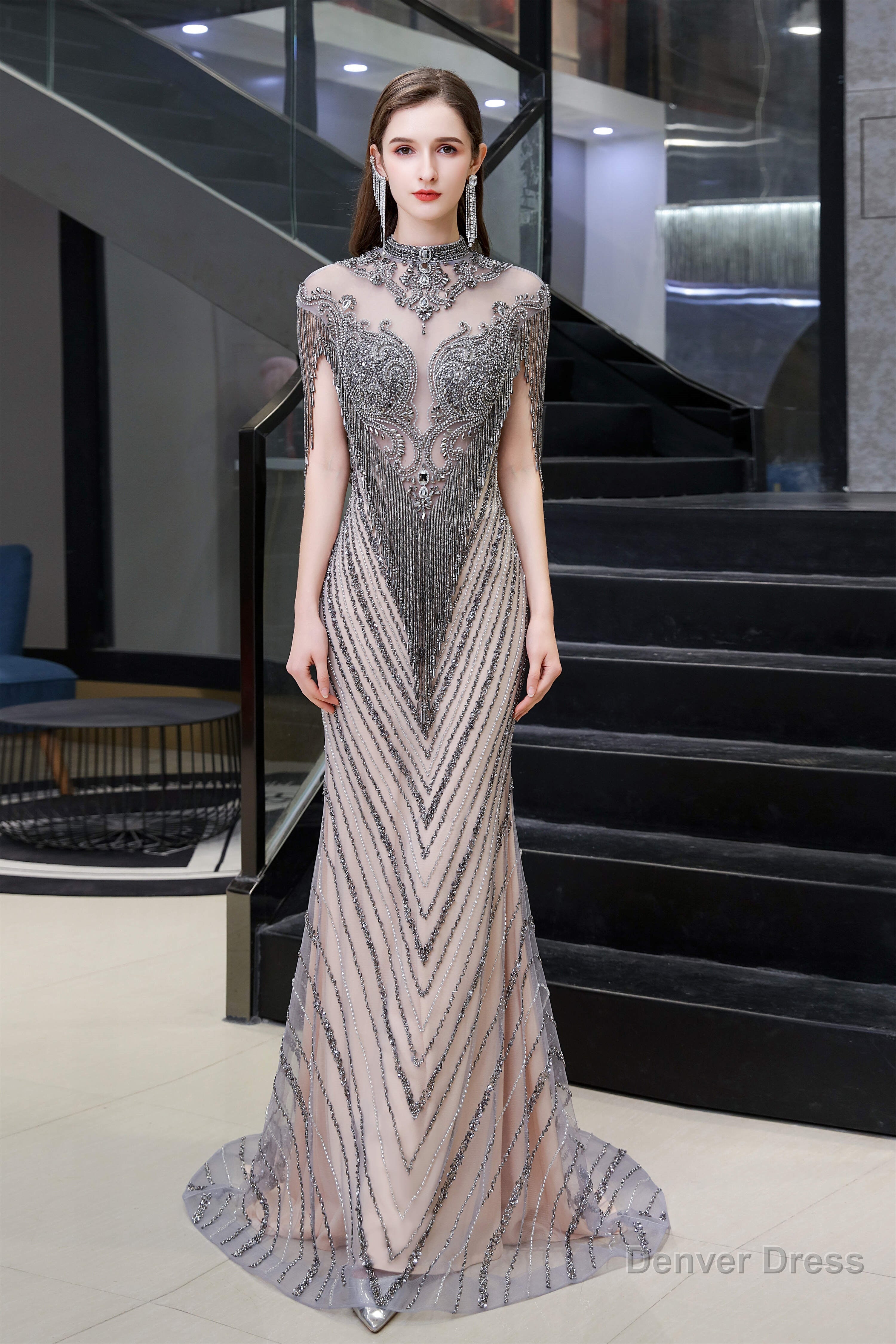 Brilliant Tassels O Neck Tulle Beaded Rhinestone Slim line A Line Prom Dresses Main image