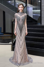 Brilliant Tassels O Neck Tulle Beaded Rhinestone Slim line A Line Prom Dresses