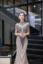 Brilliant Tassels O Neck Tulle Beaded Rhinestone Slim line A Line Prom Dresses
