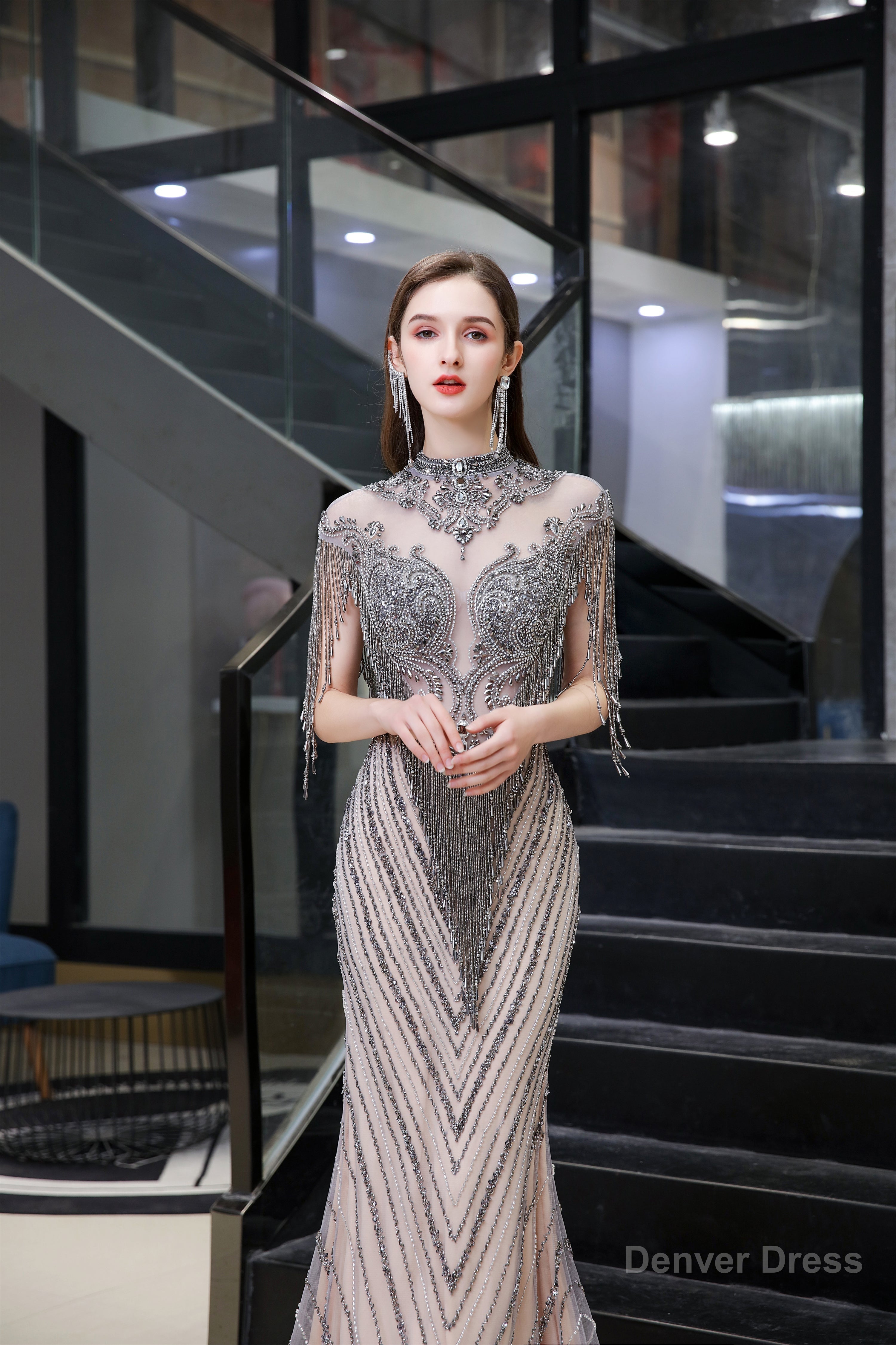 Brilliant Tassels O Neck Tulle Beaded Rhinestone Slim line A Line Prom Dresses