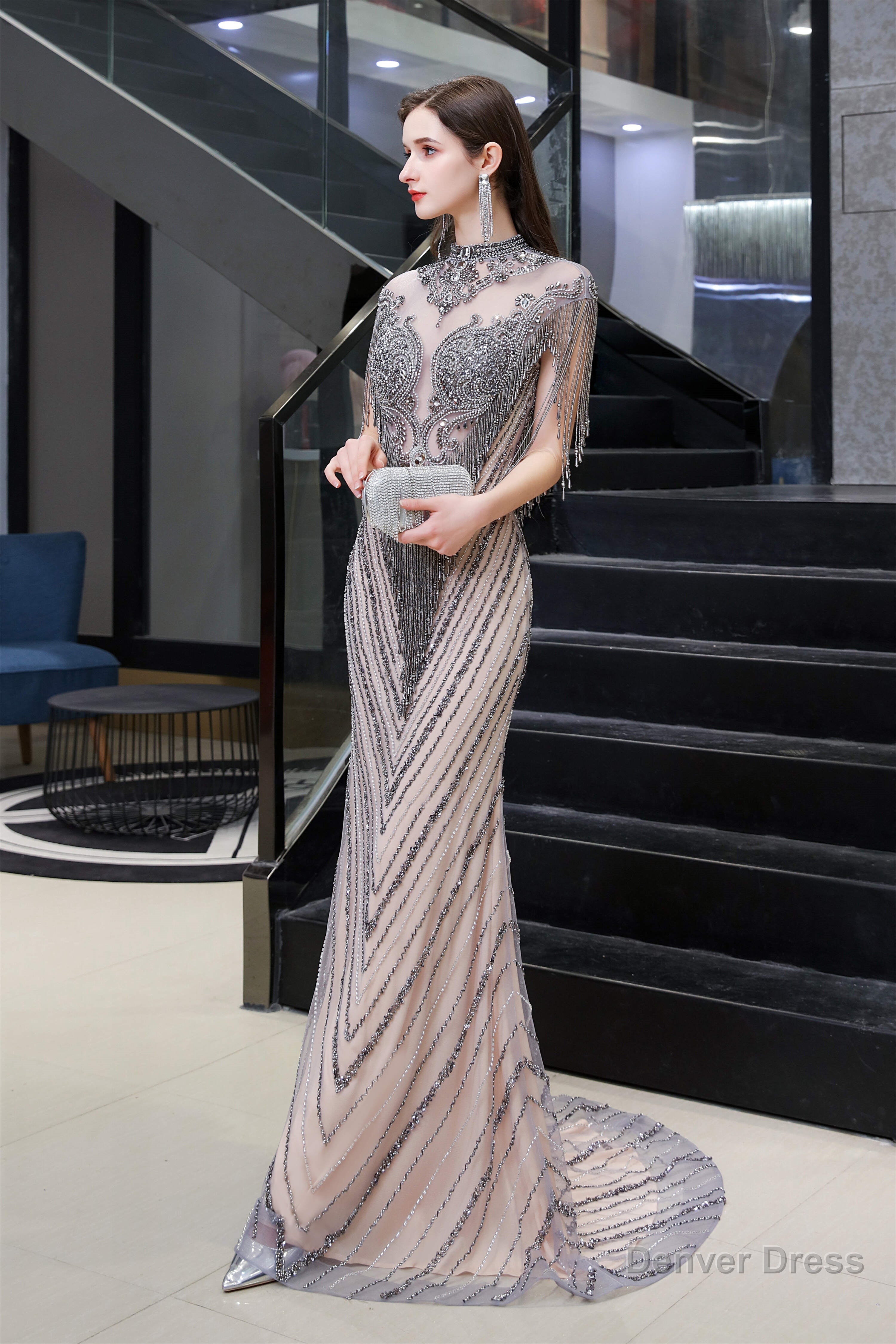 Brilliant Tassels O Neck Tulle Beaded Rhinestone Slim line A Line Prom Dresses
