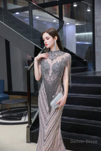 Brilliant Tassels O Neck Tulle Beaded Rhinestone Slim line A Line Prom Dresses