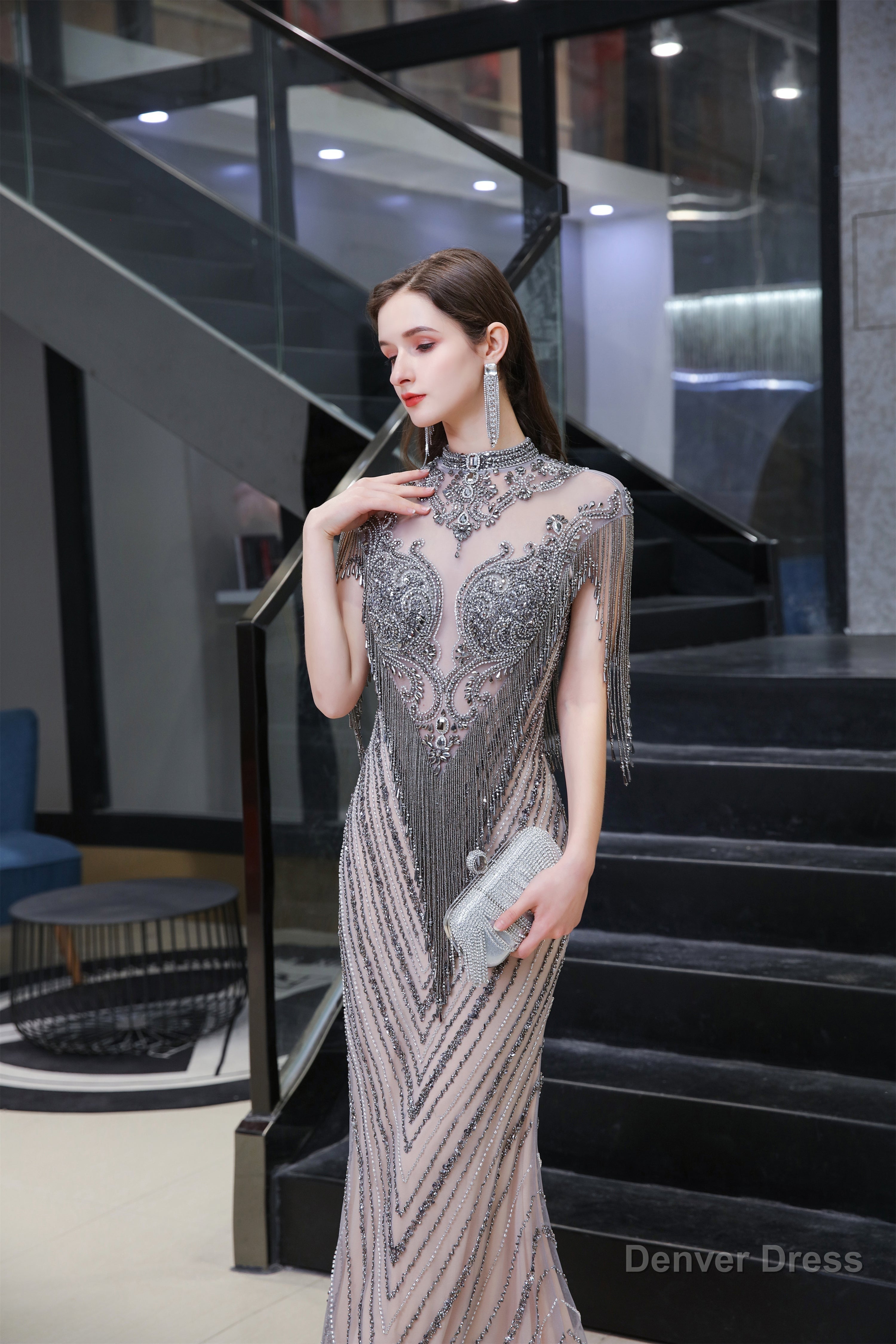 Brilliant Tassels O Neck Tulle Beaded Rhinestone Slim line A Line Prom Dresses