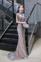 Brilliant Tassels O Neck Tulle Beaded Rhinestone Slim line A Line Prom Dresses