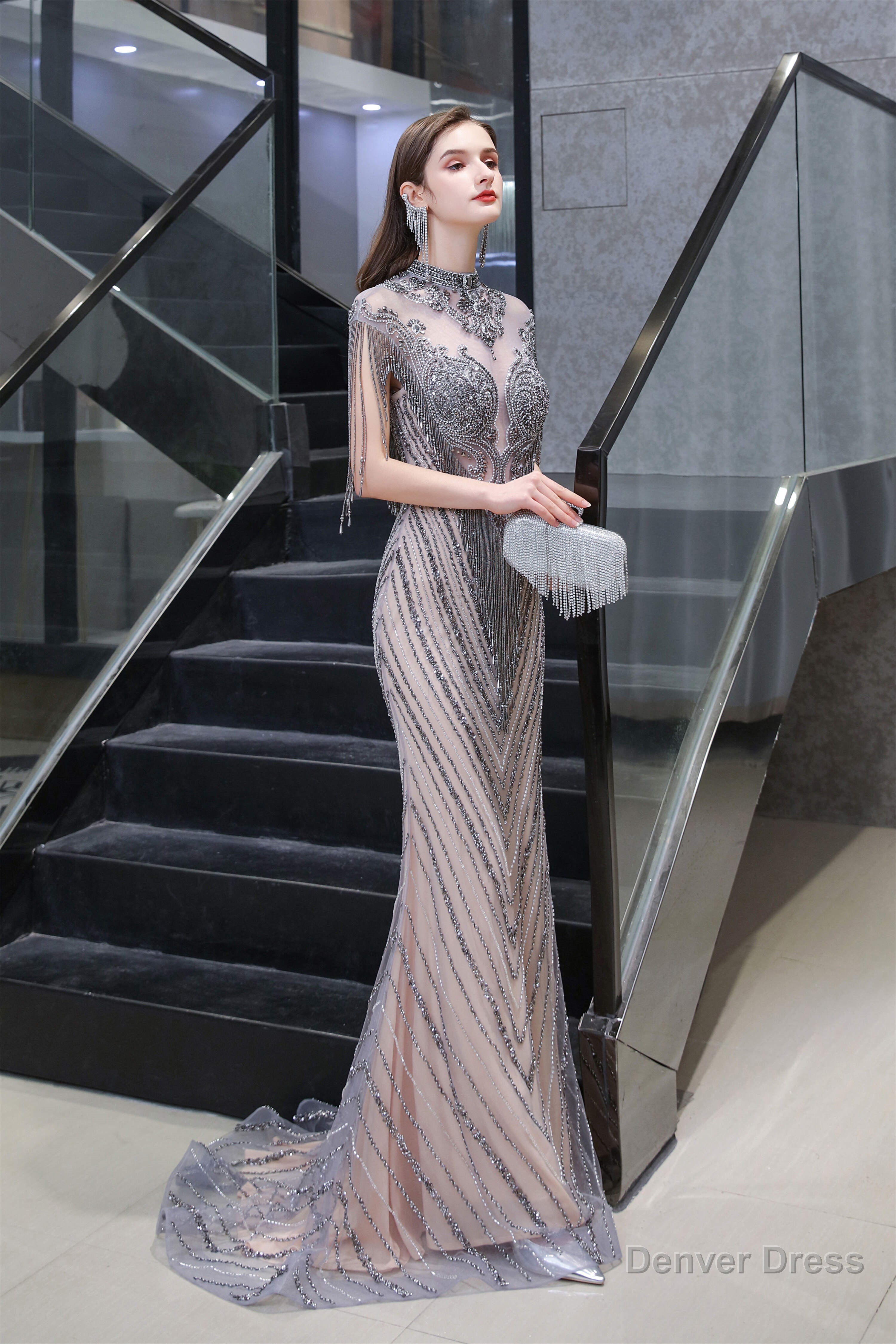 Brilliant Tassels O Neck Tulle Beaded Rhinestone Slim line A Line Prom Dresses