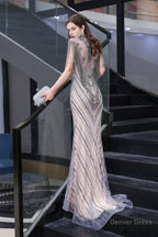 Brilliant Tassels O Neck Tulle Beaded Rhinestone Slim line A Line Prom Dresses