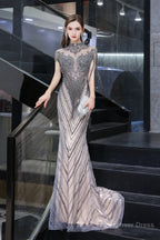 Brilliant Tassels O Neck Tulle Beaded Rhinestone Slim line A Line Prom Dresses