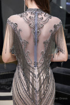 Brilliant Tassels O Neck Tulle Beaded Rhinestone Slim line A Line Prom Dresses