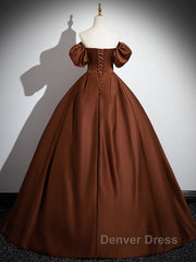 Brown A-Line Satin Long Prom Dresses, Brown Long Formal Dresses