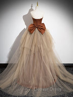 Brown Mermaid Satin Tulle Long Prom Dress, Brown Long Prom Dresses