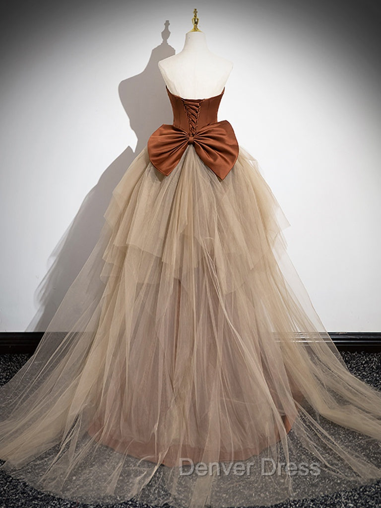 Brown Mermaid Satin Tulle Long Prom Dress, Brown Long Prom Dresses