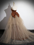 Brown Mermaid Satin Tulle Long Prom Dress, Brown Long Prom Dresses