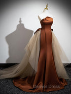 Brown Mermaid Satin Tulle Long Prom Dress, Brown Long Prom Dresses