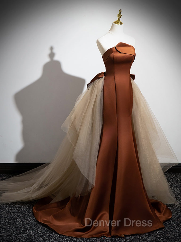 Brown Mermaid Satin Tulle Long Prom Dress, Brown Long Prom Dresses