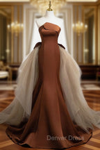 Brown Mermaid Satin Tulle Long Prom Dress, Brown Long Prom Dresses