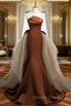 Brown Mermaid Satin Tulle Long Prom Dress, Brown Long Prom Dresses