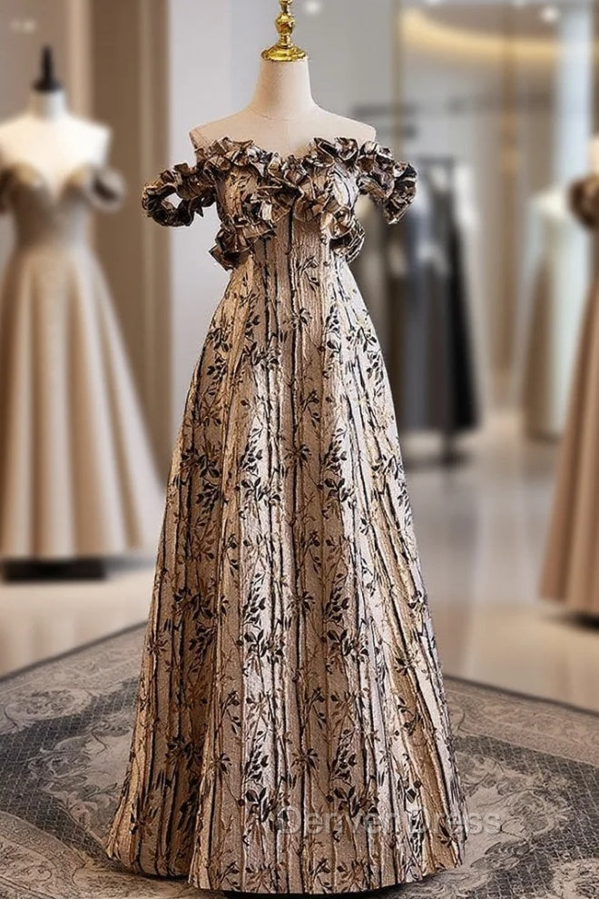 Brown Off the Shoulder Sleeveless Prom Dresses