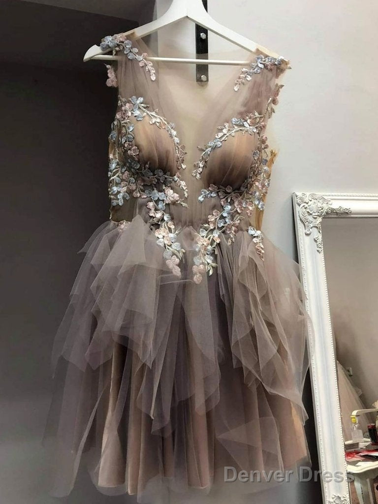 Brown Round Neck Tulle Lace Short Dress, Lace Homecoming Dresses Main image