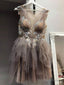 Brown Round Neck Tulle Lace Short Dress, Lace Homecoming Dresses