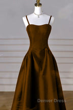 Brown Satin A Line Sweetheart Long Prom Dress, Simple Brown Prom Dresses