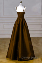Brown Satin A Line Sweetheart Long Prom Dress, Simple Brown Prom Dresses